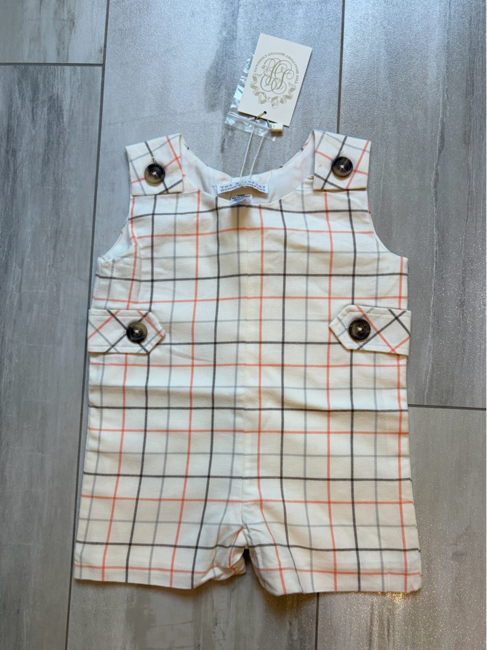 NWT TBBC Jack Keene Windowpane Check Flannel Tab Jon Jon Romper, boys size 0-6M